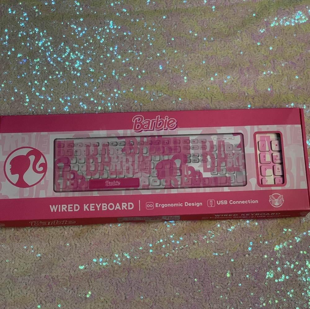 Barbie wired keyboard computer hardware white w/ pink silhouette new